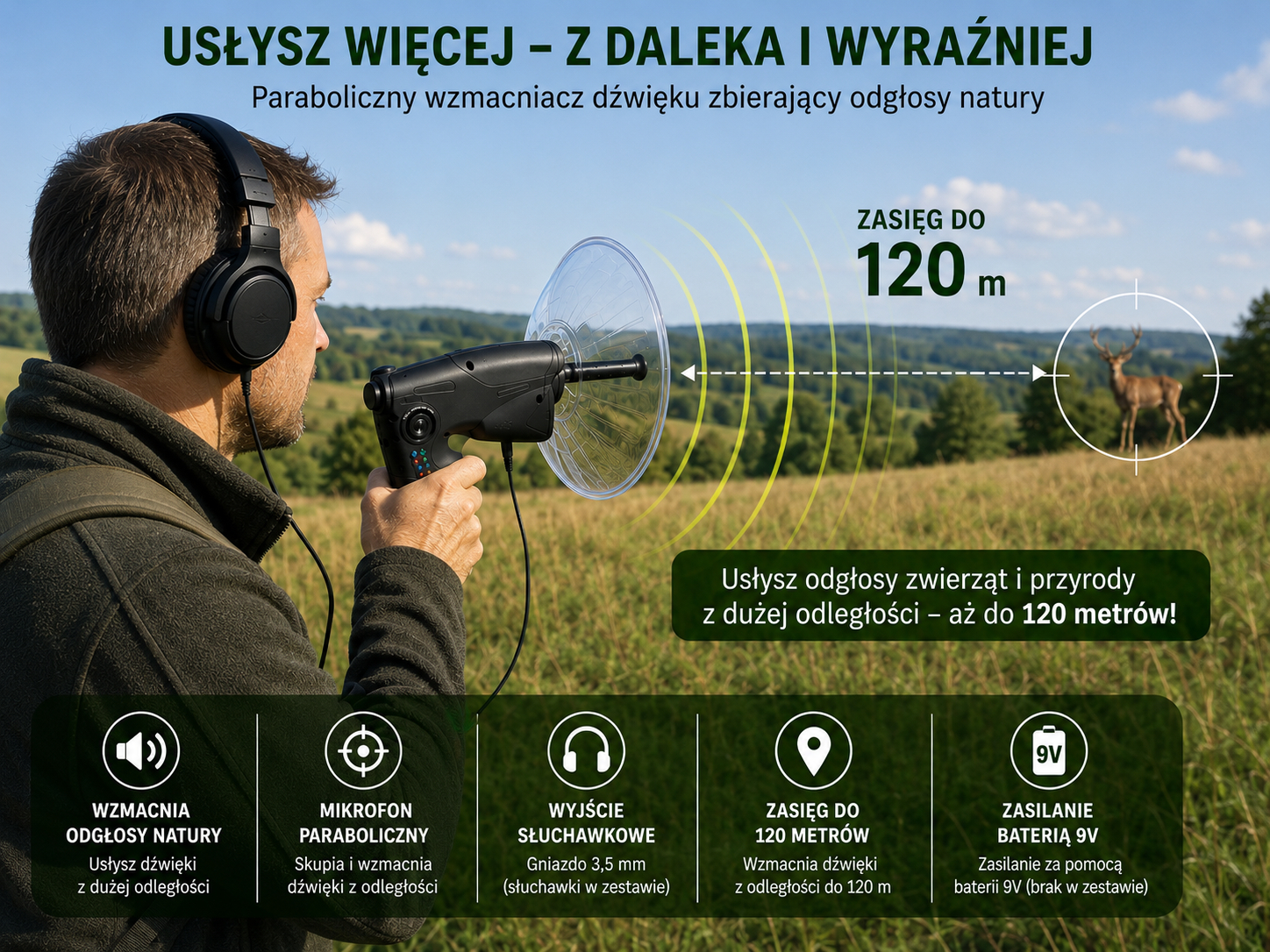 CYFROWY MIKROFON KIERUNKOWY 120m NAGRYWANIE SD MP3 SłUCHAWKI